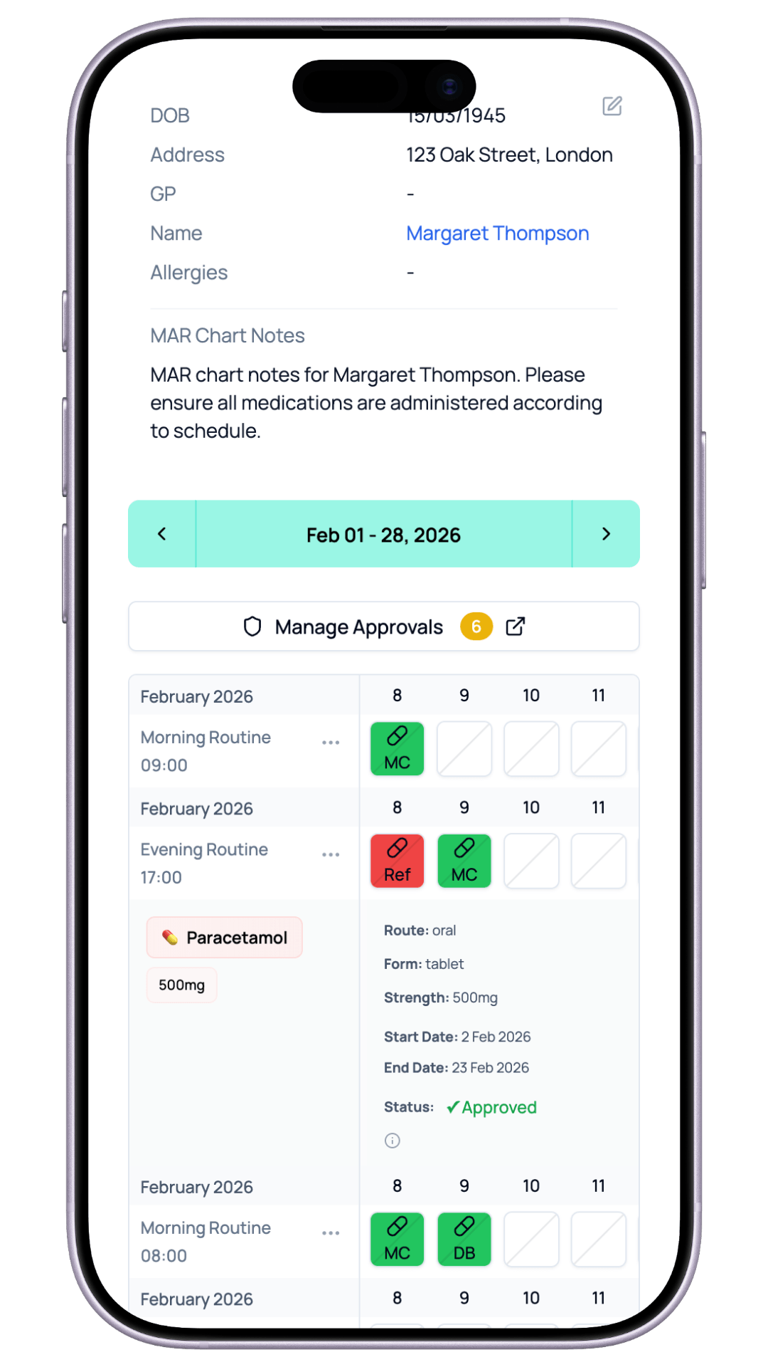 NurseNotes carer MAR and medication workflows in the browser on mobile